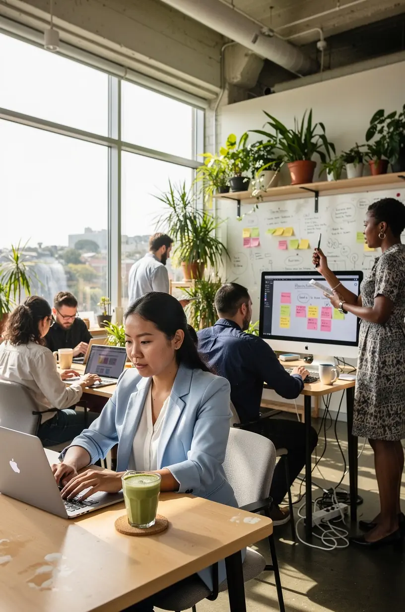 Professional analyzing workflow automation charts on computer screen in modern office setting